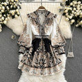 Printed Single-breasted Lantern Sleeve Dress