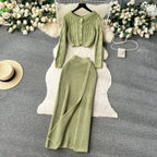 Twisted Cardigan&Split Skirt Knitted 2Pcs