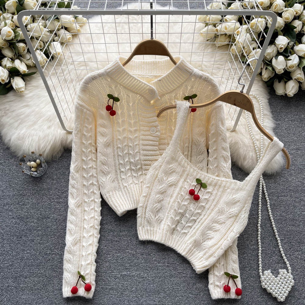 Cherry Knitted Cardigan&Camisole 2Pcs Set