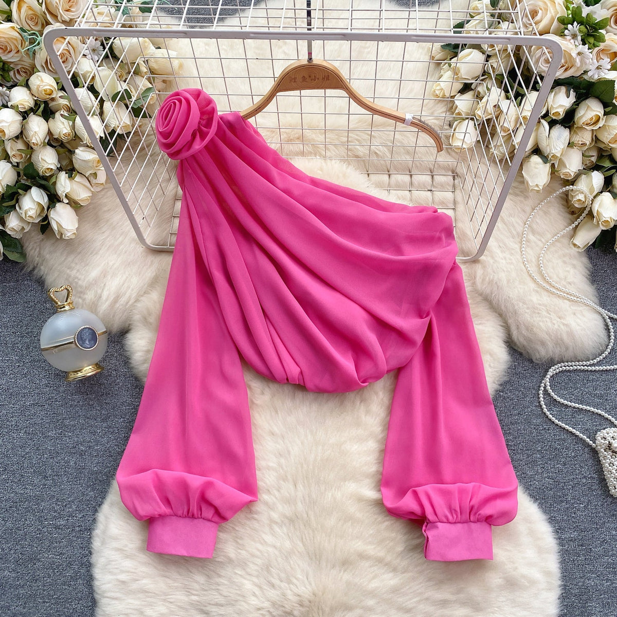 One-shoulder 3d Floral Chiffon Top