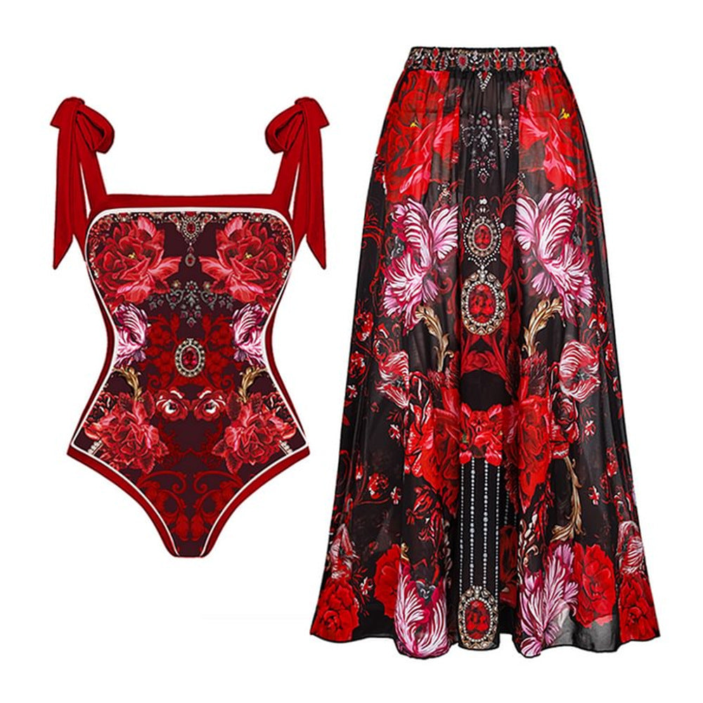 Floral Bow-tie One-piece Swimwear&Printed Skirt