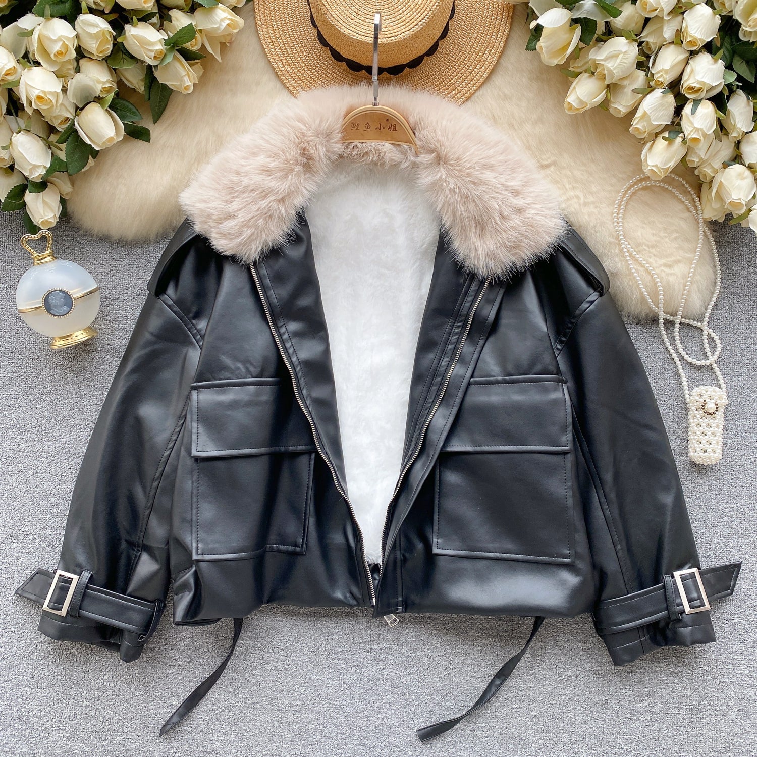 Vintage Furry Collar Short PU Jacket
