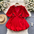 Vintage V-neck Puffy Suede Dress