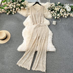 Crochet Sleeveless Cardigan&Trousers Knitted 2Pcs