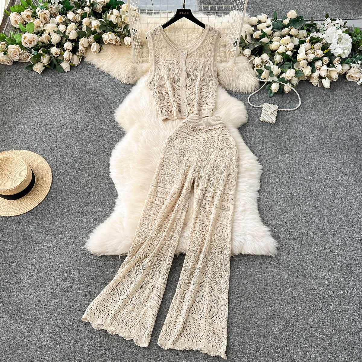 Crochet Sleeveless Cardigan&Trousers Knitted 2Pcs