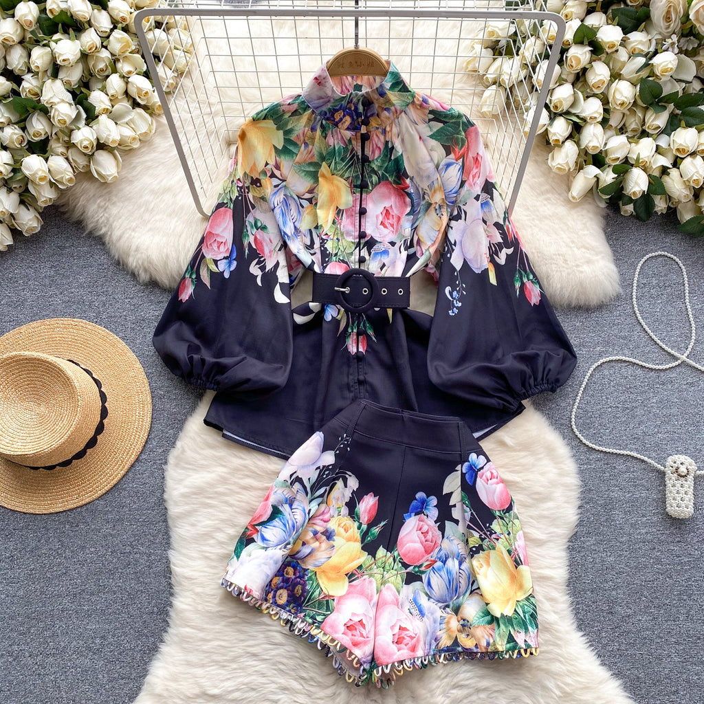 Courtly Floral Printed Shirt&Shorts 2Pcs