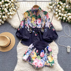Courtly Floral Printed Shirt&Shorts 2Pcs