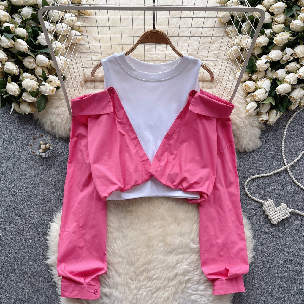 Faux Two-pieces Color Blocking Patchwork Top