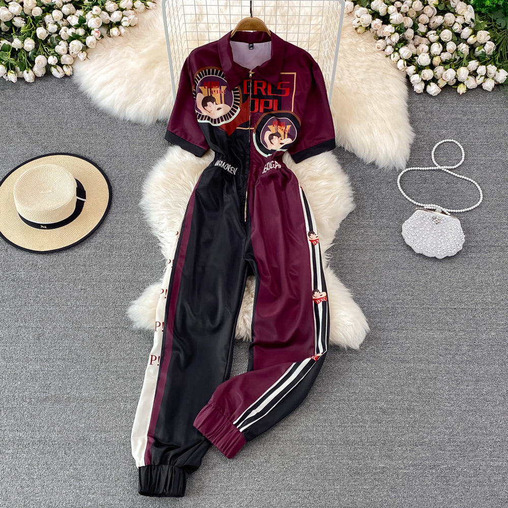 High Waist Lapel Print Cargo Jumpsuit