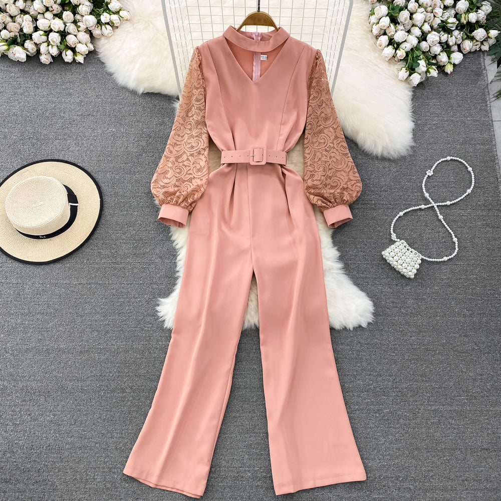 Vintage V-neck Lace Patchwork Jumpsuit