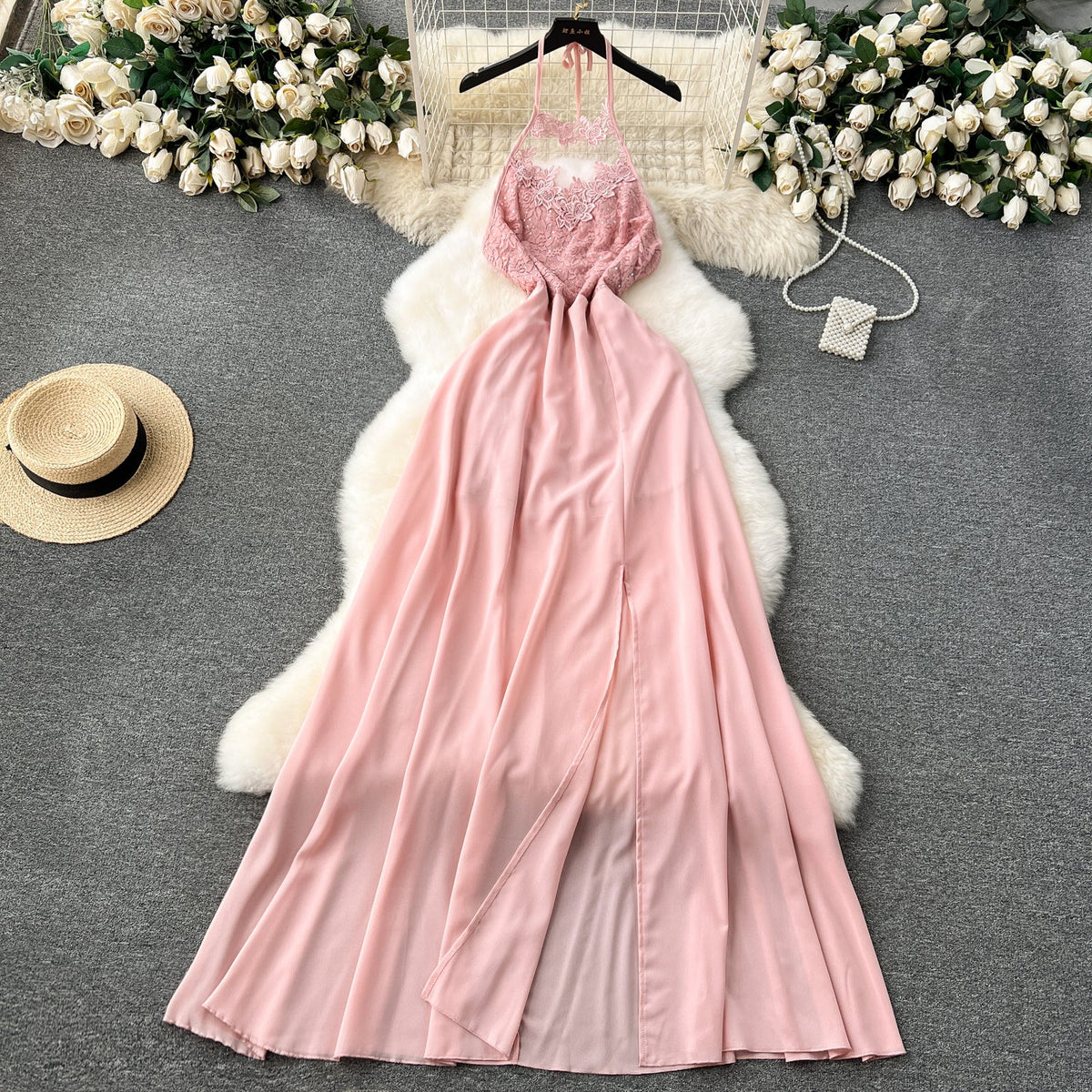 Embroidered Backless Split Halter Dress
