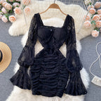 Square Neck Lace Waist Bag Hip Dress