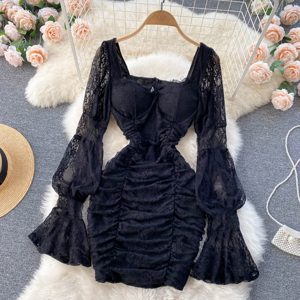 Square Neck Lace Waist Bag Hip Dress