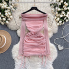 Off-shoulder Pleated Mesh Patchwork Dress
