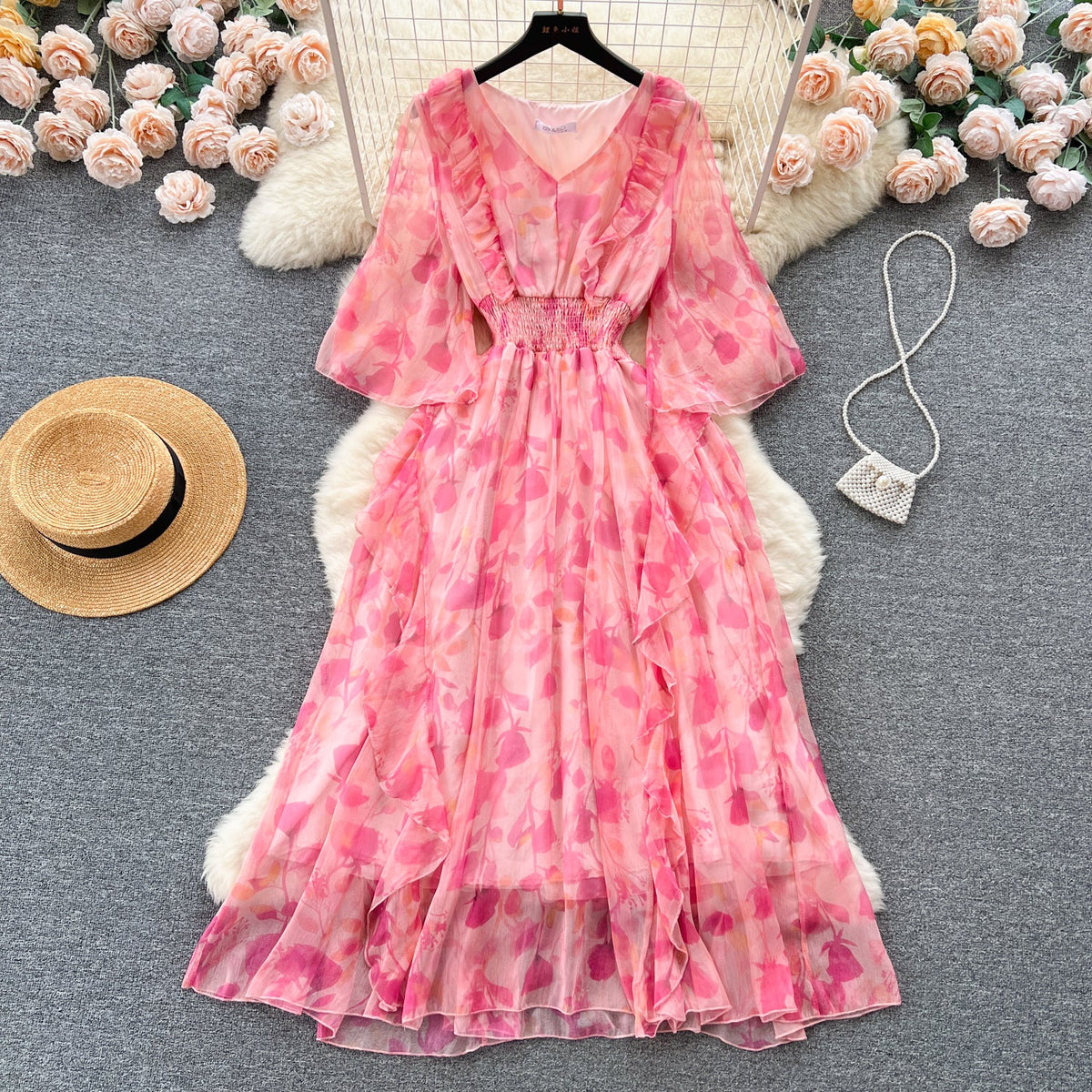 Sweet Ruffled Floral Chiffon Dress