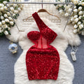 Slant Shoulder Sequin Mini Party Dress
