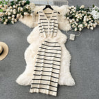 Vintage Striped Cardigan&Half-body Skirt 2Pcs