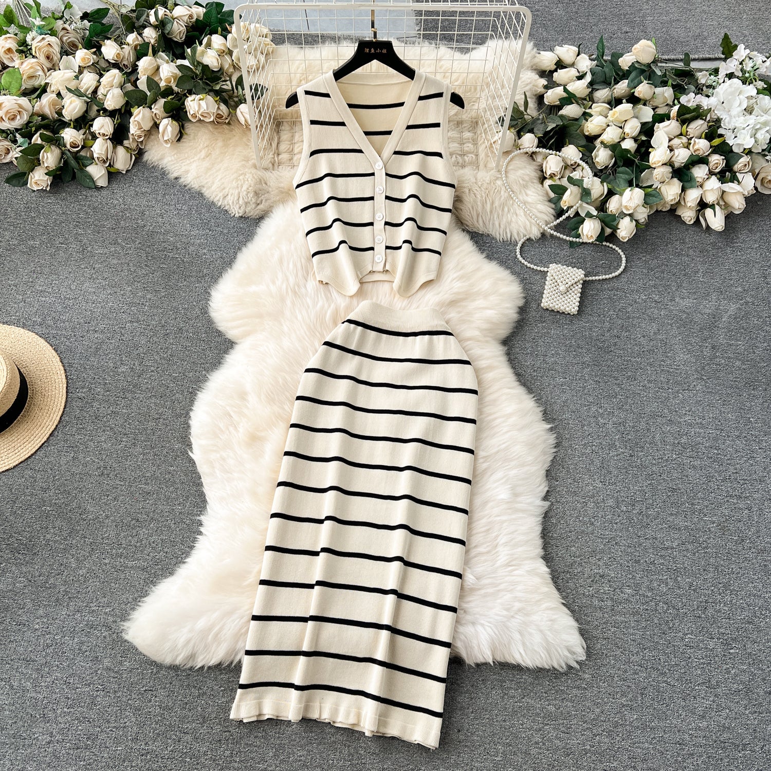 Vintage Striped Cardigan&Half-body Skirt 2Pcs