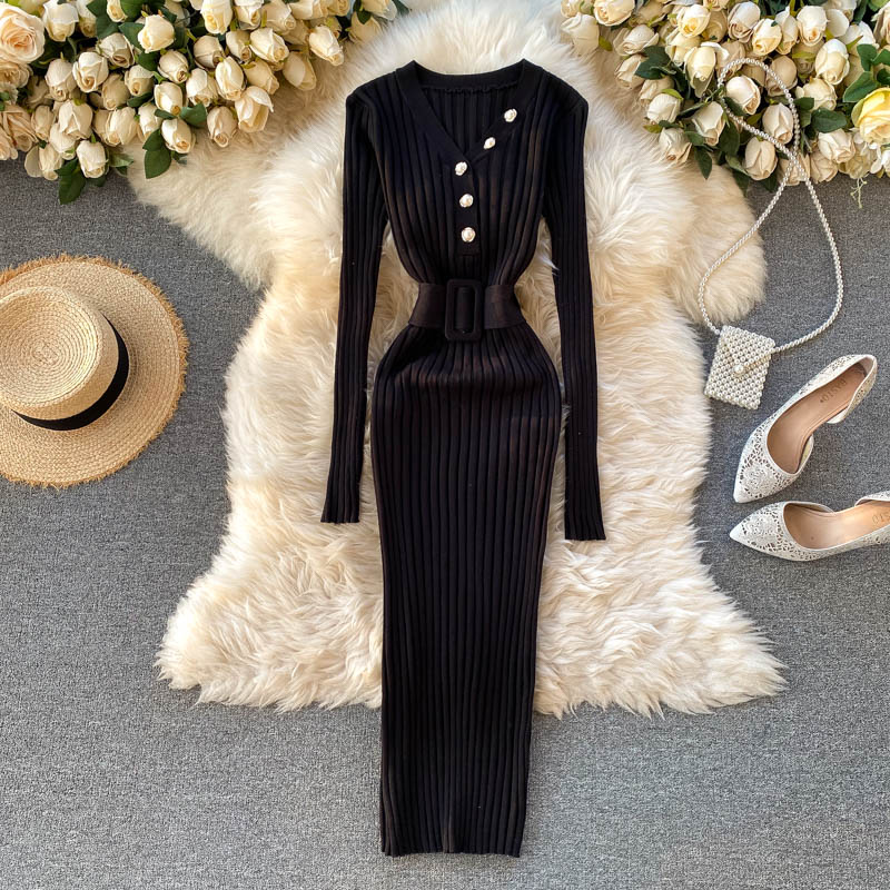 Belted Waist Long Sleeve Dress