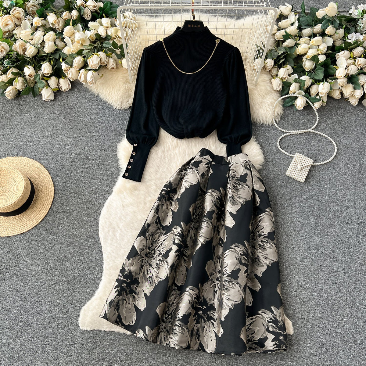 Turtleneck Sweater&Jacquard Skirt 2Pcs