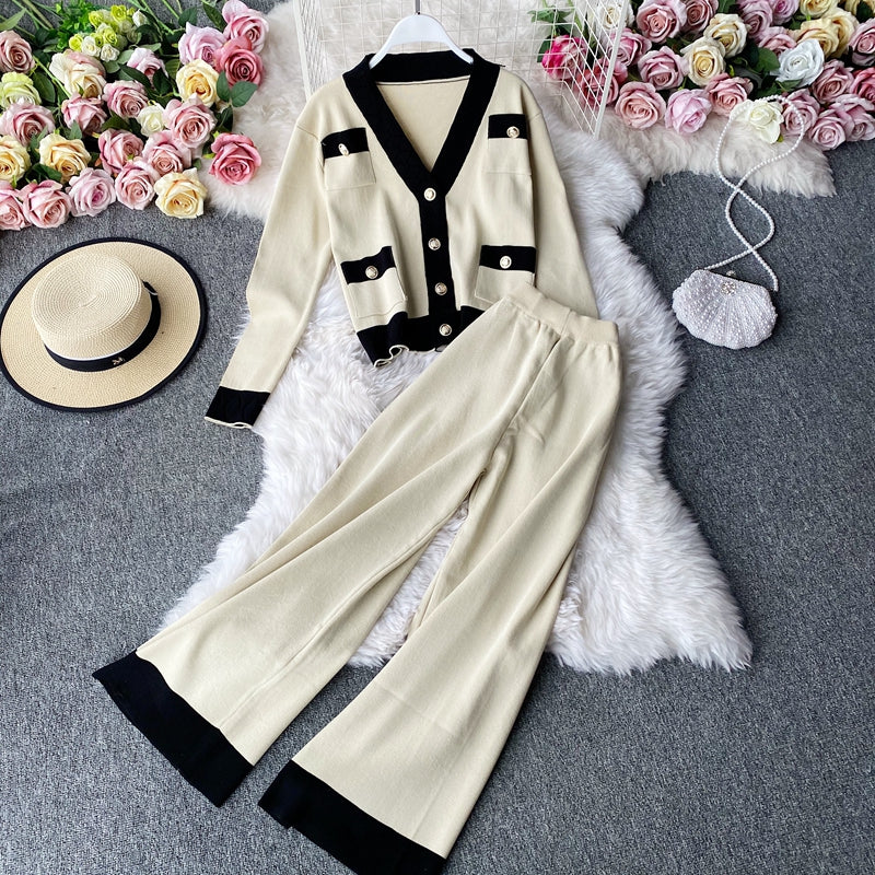 Two-piece V-neck Cardigan Sweater And High-waisted Wide-leg Trousers