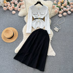 OL Suit Top&Black Pleated Skirt 2Pcs