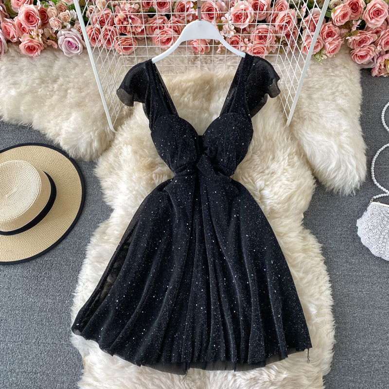 Sequined V-neck A-line Short Sleeve Dress
