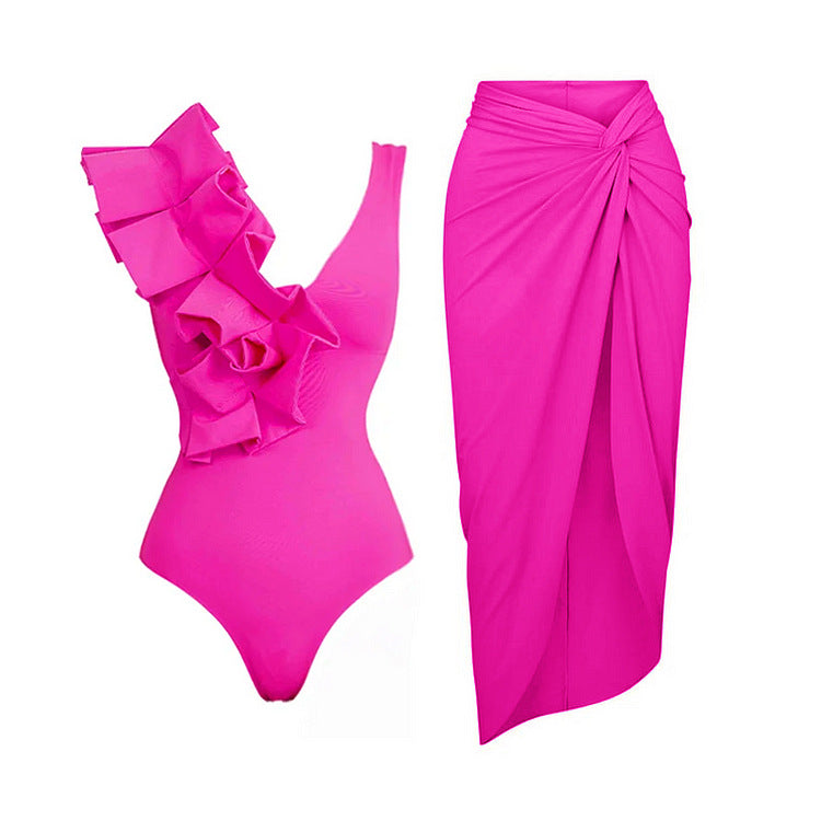 Rose Red Ruffled Swimsuit&Knotted Skirt