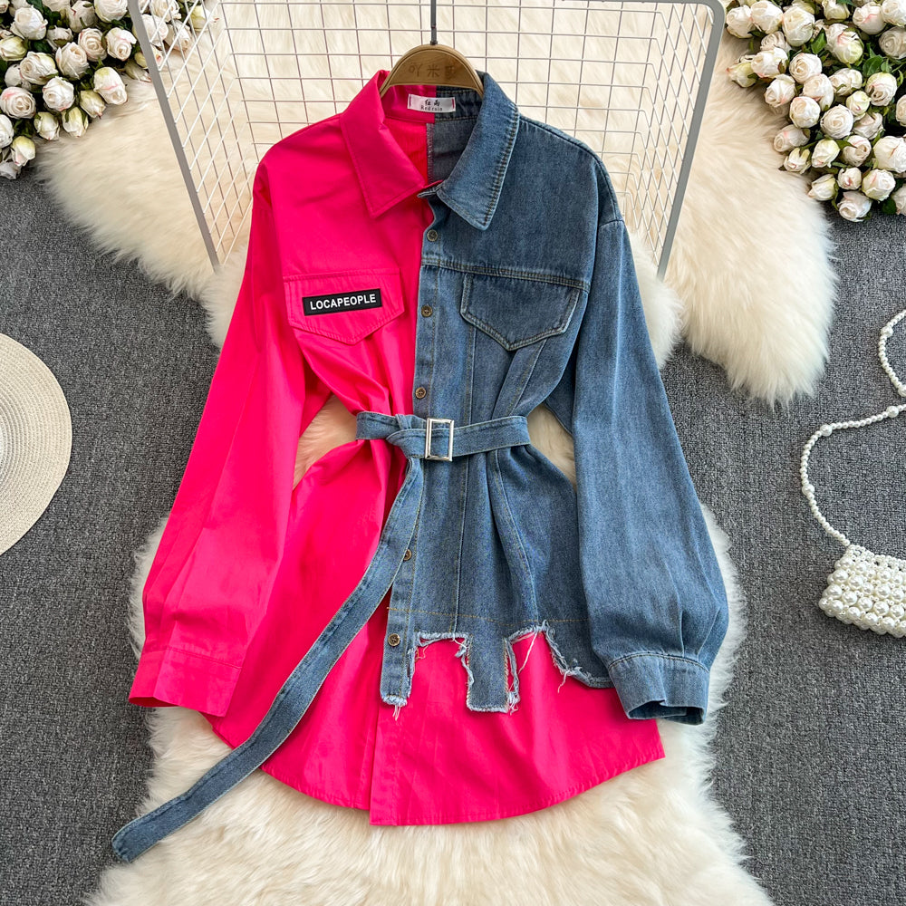 Vintage Assorted Color Denim Shirt with Waistband