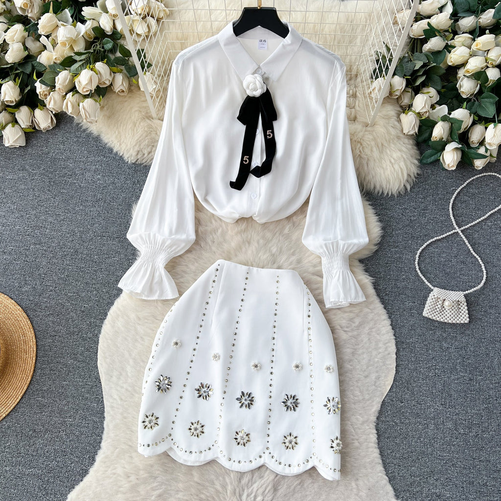 Bow-tie Shirt&Beaded Skirt 2Pcs
