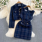 Tweed Plaid Blazer&Skirt 2Pcs