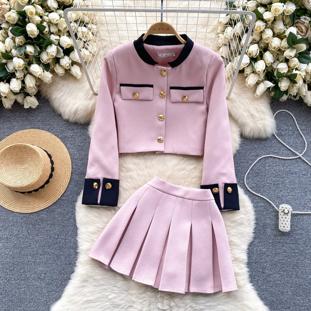 Color Blocking Cardigan&Pleated Skirt 2Pcs