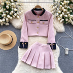 Color Blocking Cardigan&Pleated Skirt 2Pcs