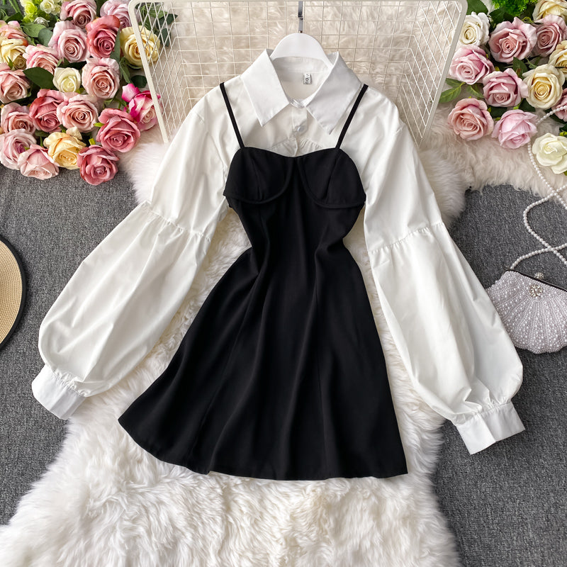 A-line Skirt And Lantern Sleeve Short Shirt Two-piece Suit