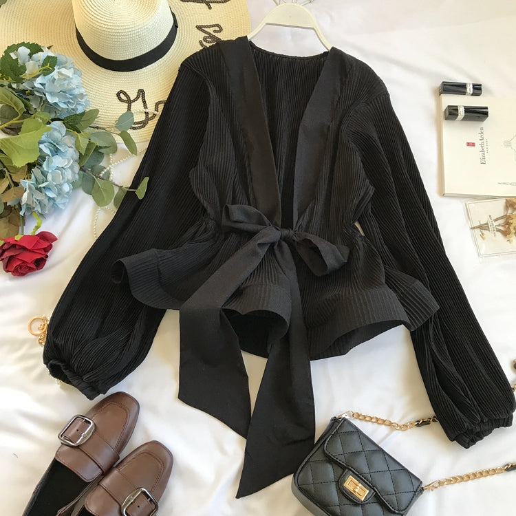 V-neck Pleated Tie Bow Ruffled Chiffon Shirt