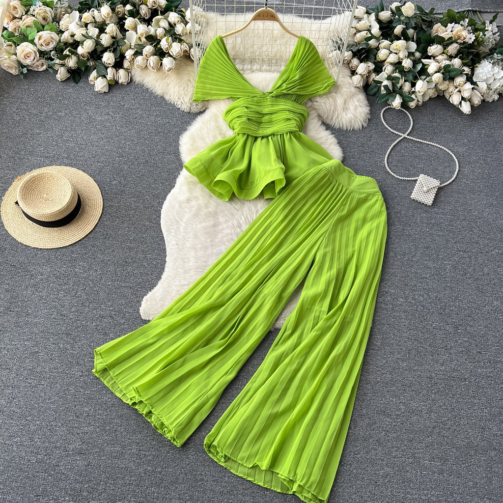 Pleated Top&Trousers Chiffon 2Pcs