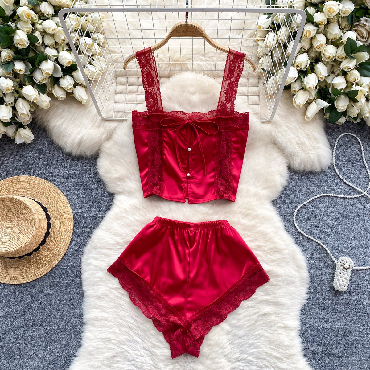 High-end Lace Camisole&Shorts Lingerie 2Pcs
