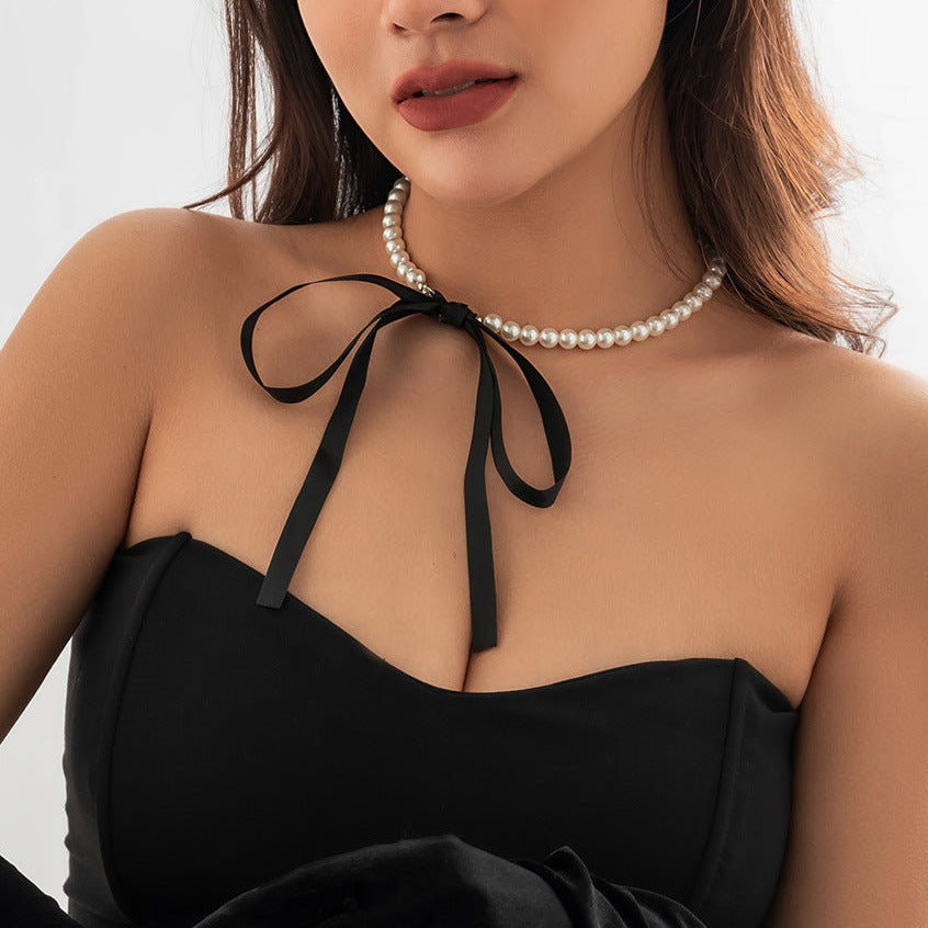 Courtly Velvet Bow Pearl Necklace&Bracelet