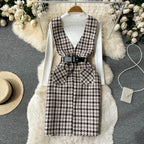 Bottom Sweater&Houndstooth Strappy Dress 2Pcs
