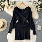Vintage V-neck Waist-slimming Knitted Dress