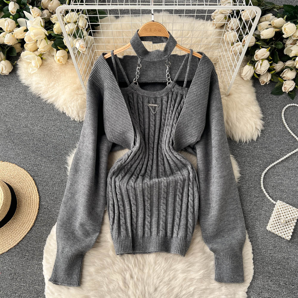 Knitted Cardigan Shawl&Bodycon Halter Dress