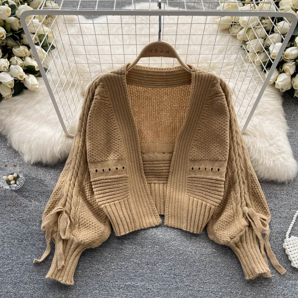 Bow Drawstring Short Knitted Cardigan