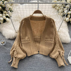 Bow Drawstring Short Knitted Cardigan