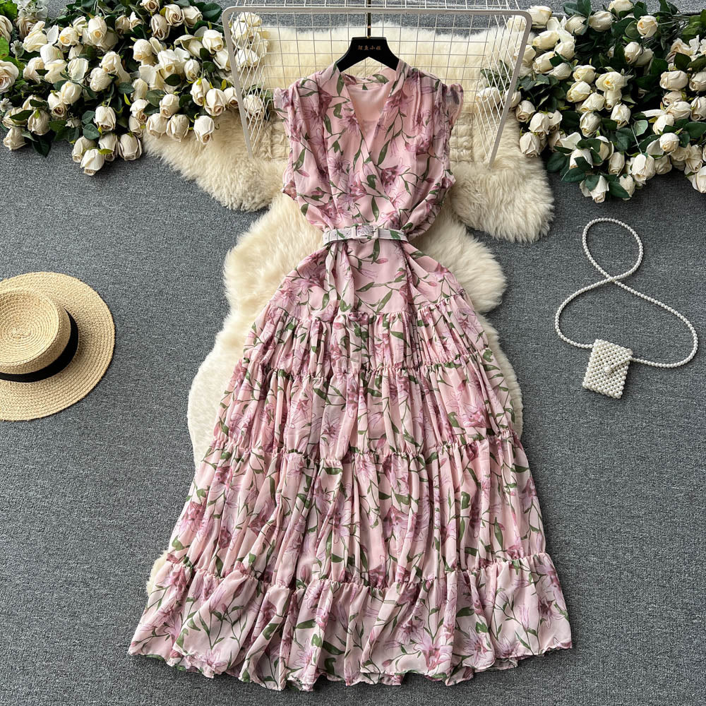 Vintage V-neck Sleeveless Floral Dress