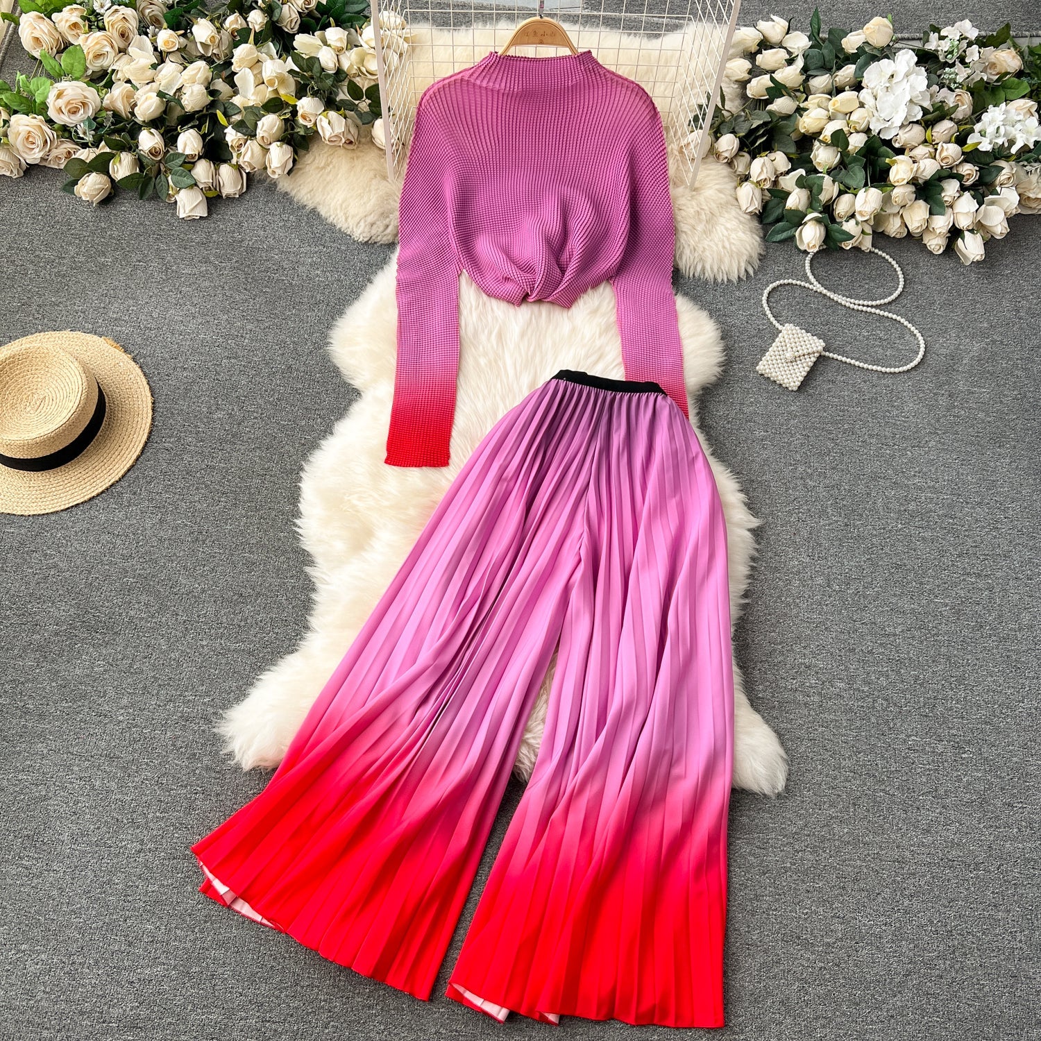 Pleated Knitwear&Wide-leg Trousers Printed 2Pcs