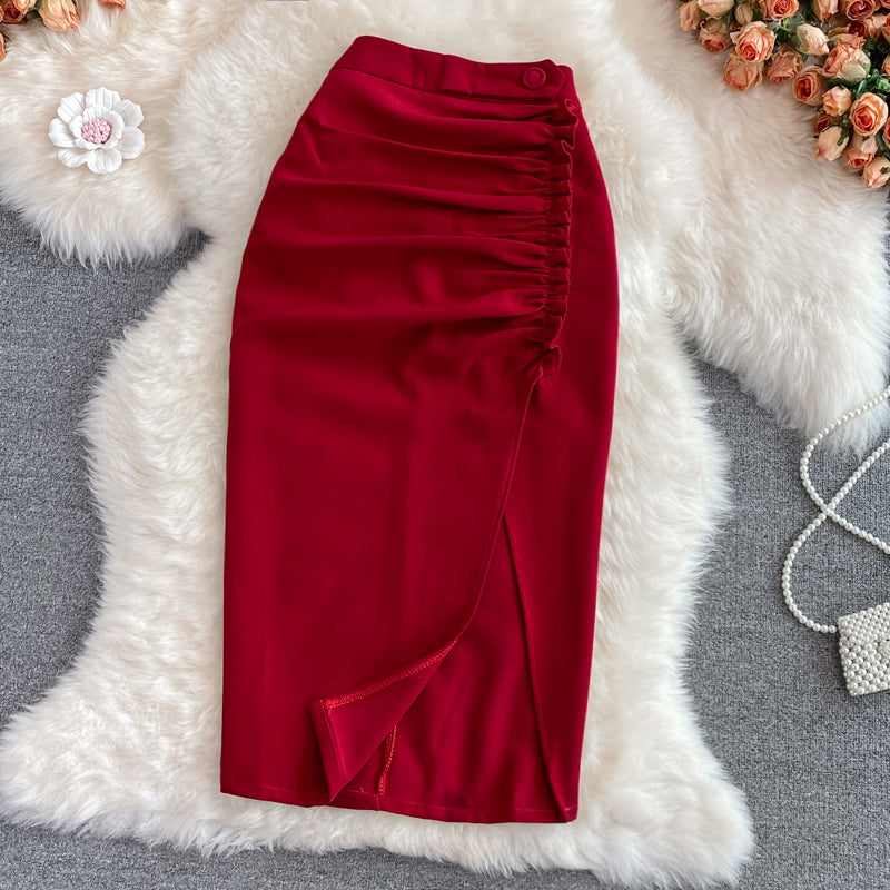Pleated Skinny Fit Split Skirt