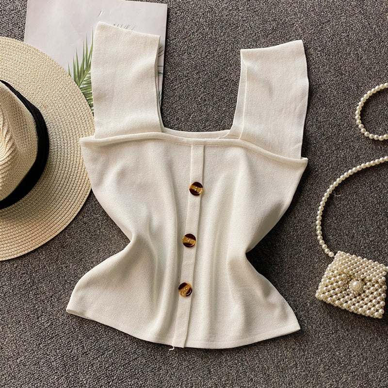 Thin Sleeveless Knit Top With Wide Straps