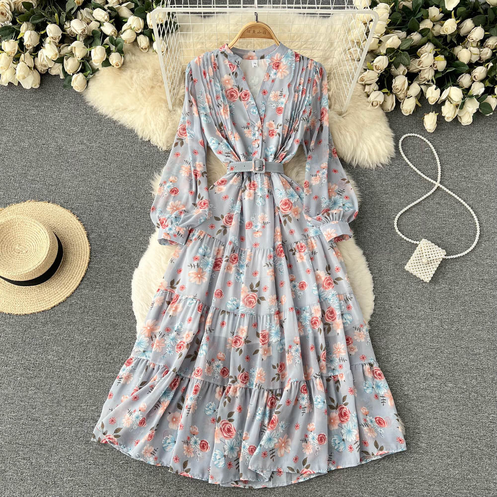 V-neck Chiffon Floral Long-sleeve Dress