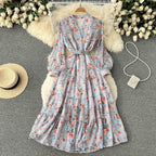 V-neck Chiffon Floral Long-sleeve Dress