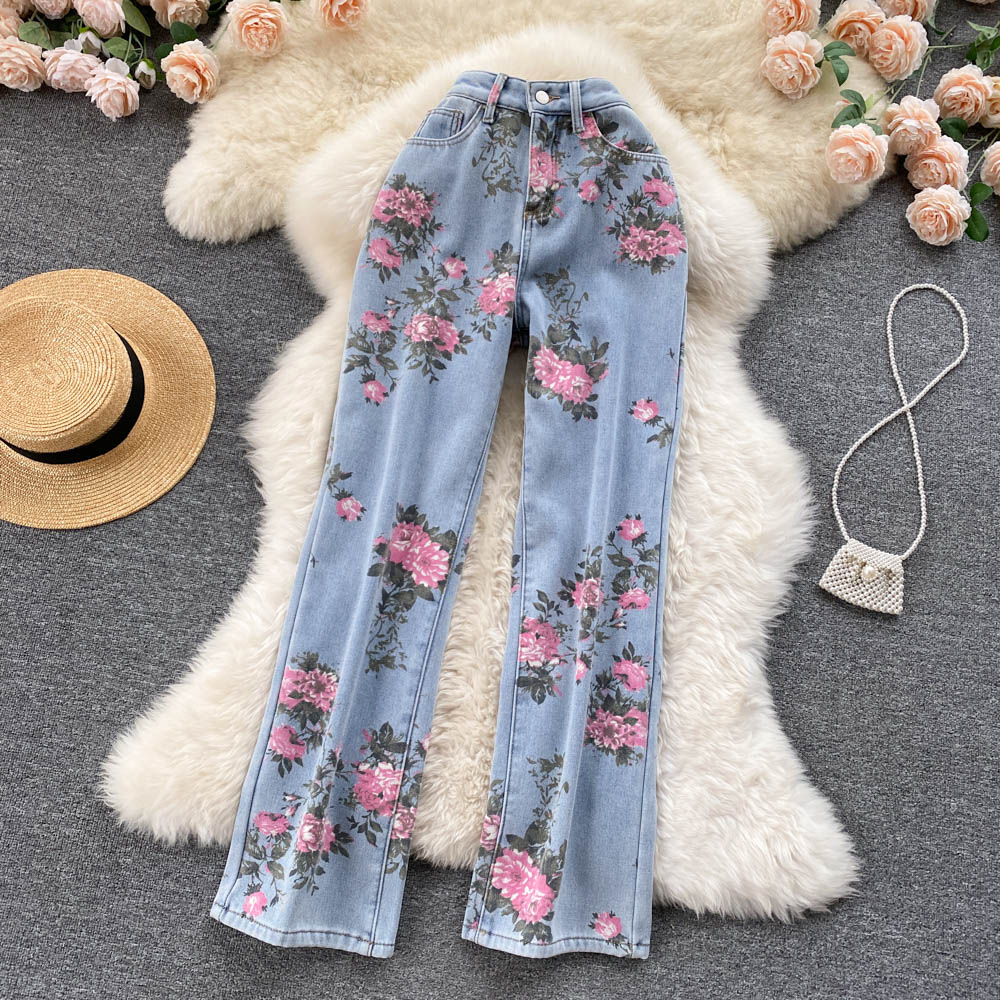 Rose Flower High-rise Wide-leg Pants